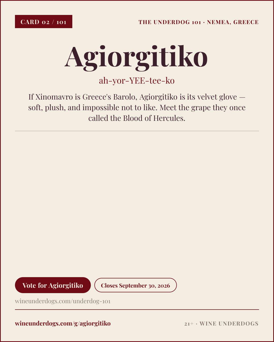 Wine Underdogs card for Agiorgitiko (Nemea, Greece)