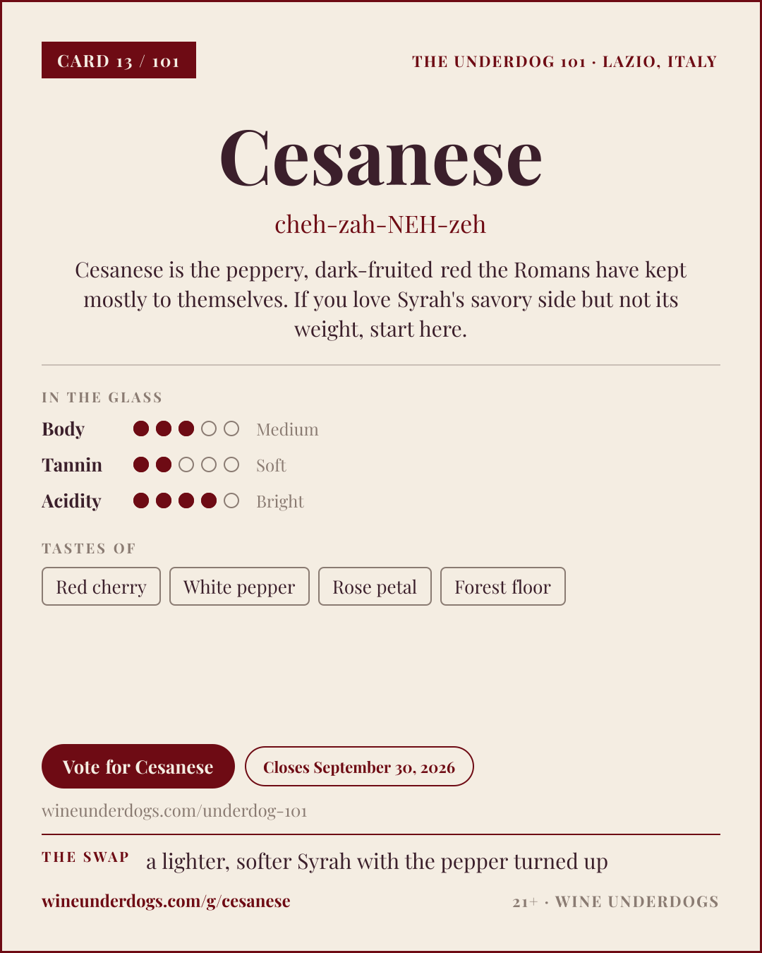 Wine Underdogs card for Cesanese (Lazio, Italy)
