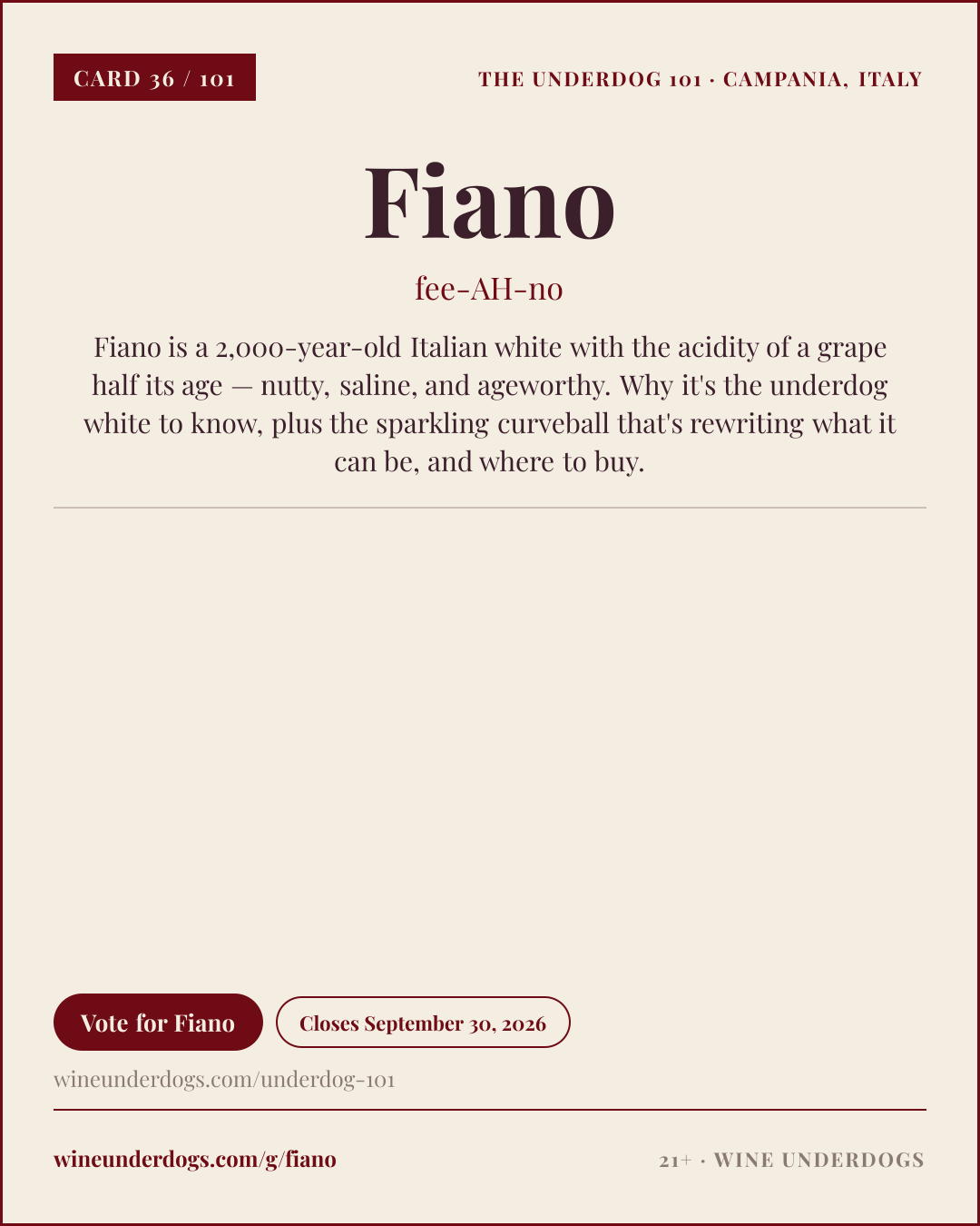 Wine Underdogs card for Fiano (Campania, Italy)