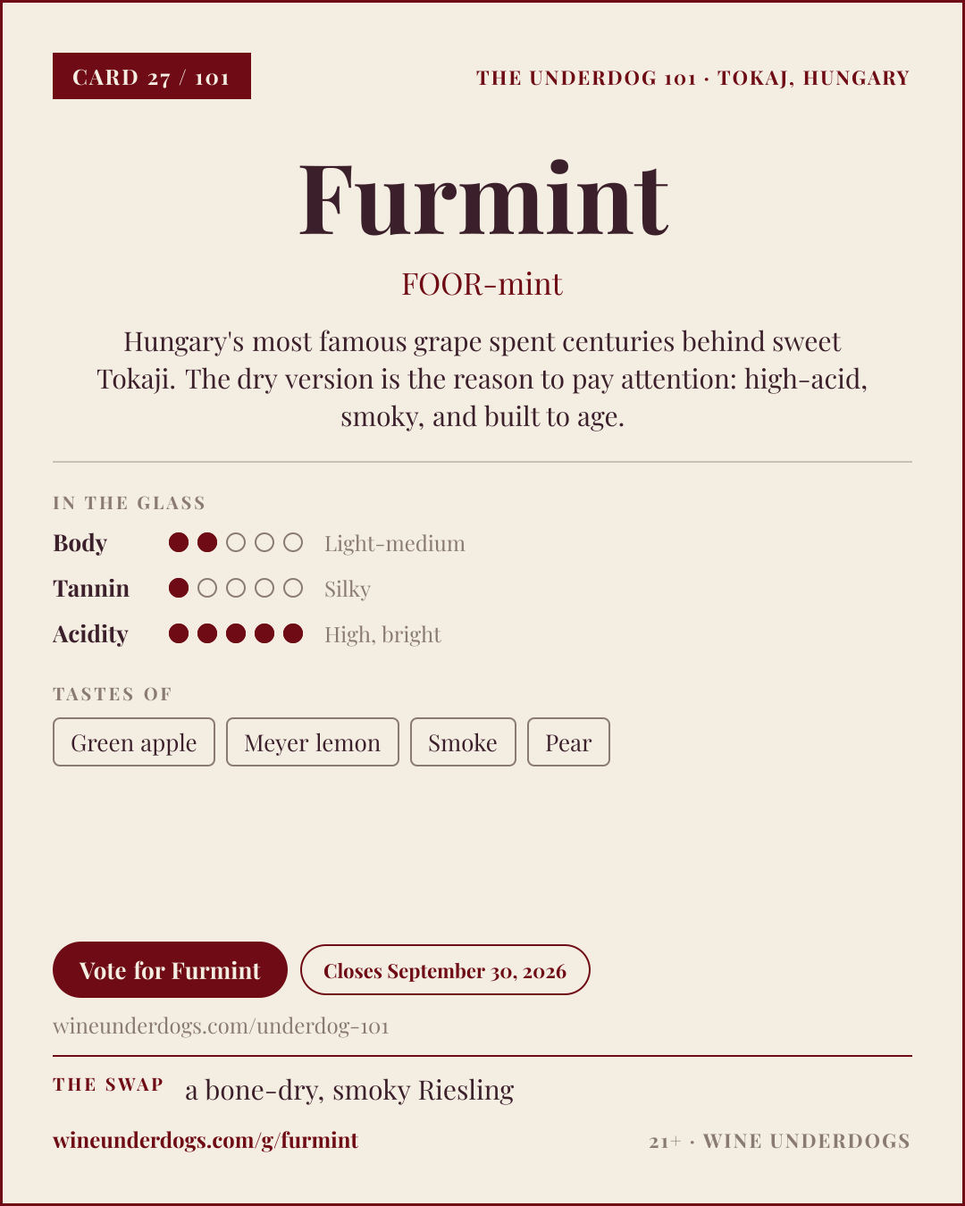 Wine Underdogs card for Furmint (Tokaj, Hungary)