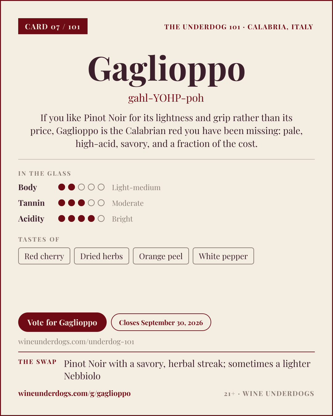 Wine Underdogs card for Gaglioppo (Calabria, Italy)