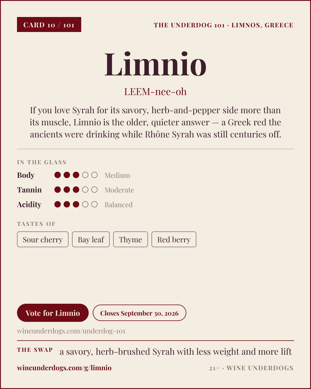 Wine Underdogs card for Limnio (Limnos, Greece)