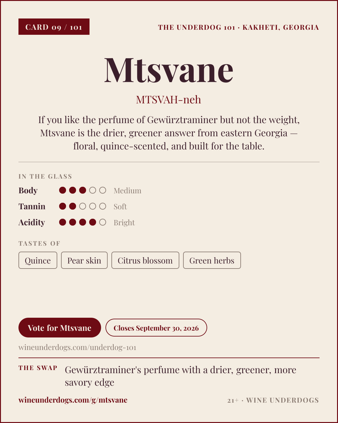 Wine Underdogs card for Mtsvane (Kakheti, Georgia)