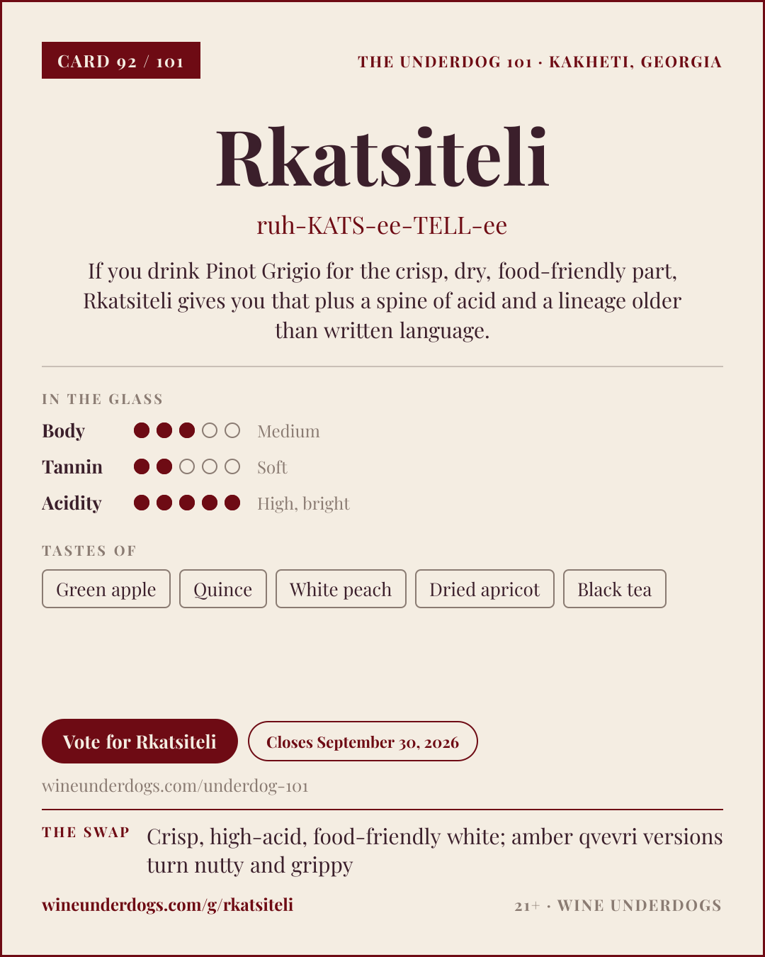 Wine Underdogs card for Rkatsiteli (Georgia)