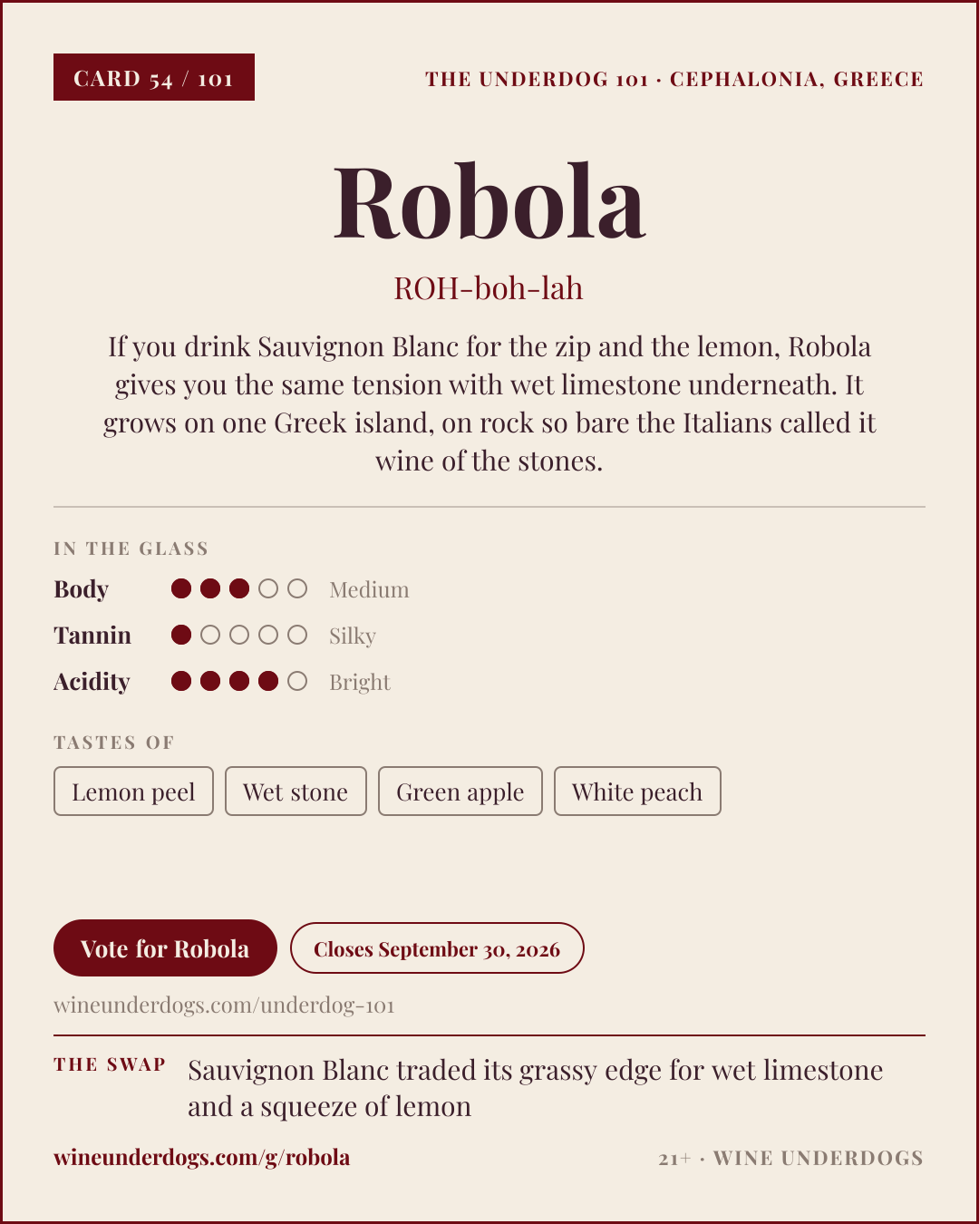 Wine Underdogs card for Robola (Cephalonia, Greece)