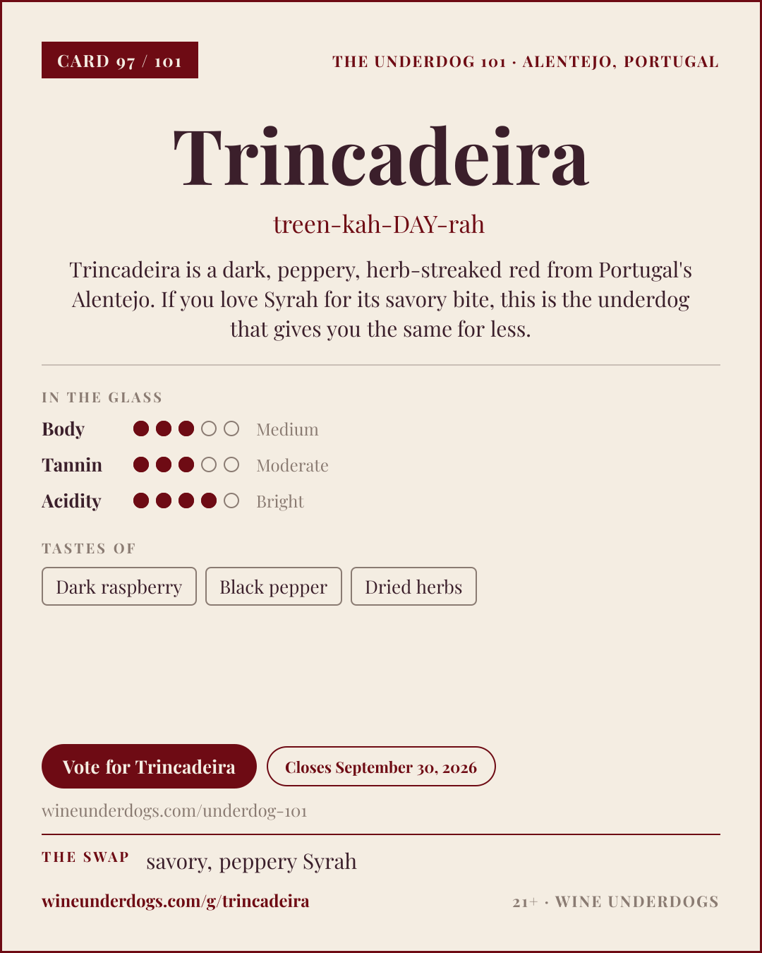 Wine Underdogs card for Trincadeira (Alentejo, Portugal)