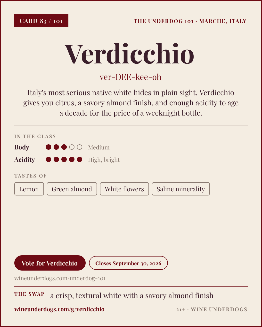 Wine Underdogs card for Verdicchio (Marche, Italy)